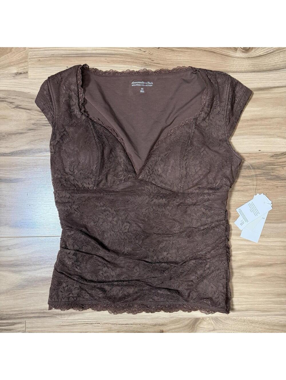 Abercrombie Fitch Bra-Free Lace Cap Sleeve Top XS Brown NWT Coquette Romantic